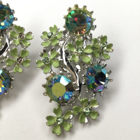 1960s Vtg Silver Tone Statement Clip On Earrings Enamel Flowers & AB Rhinestones - Picture 7 of 11